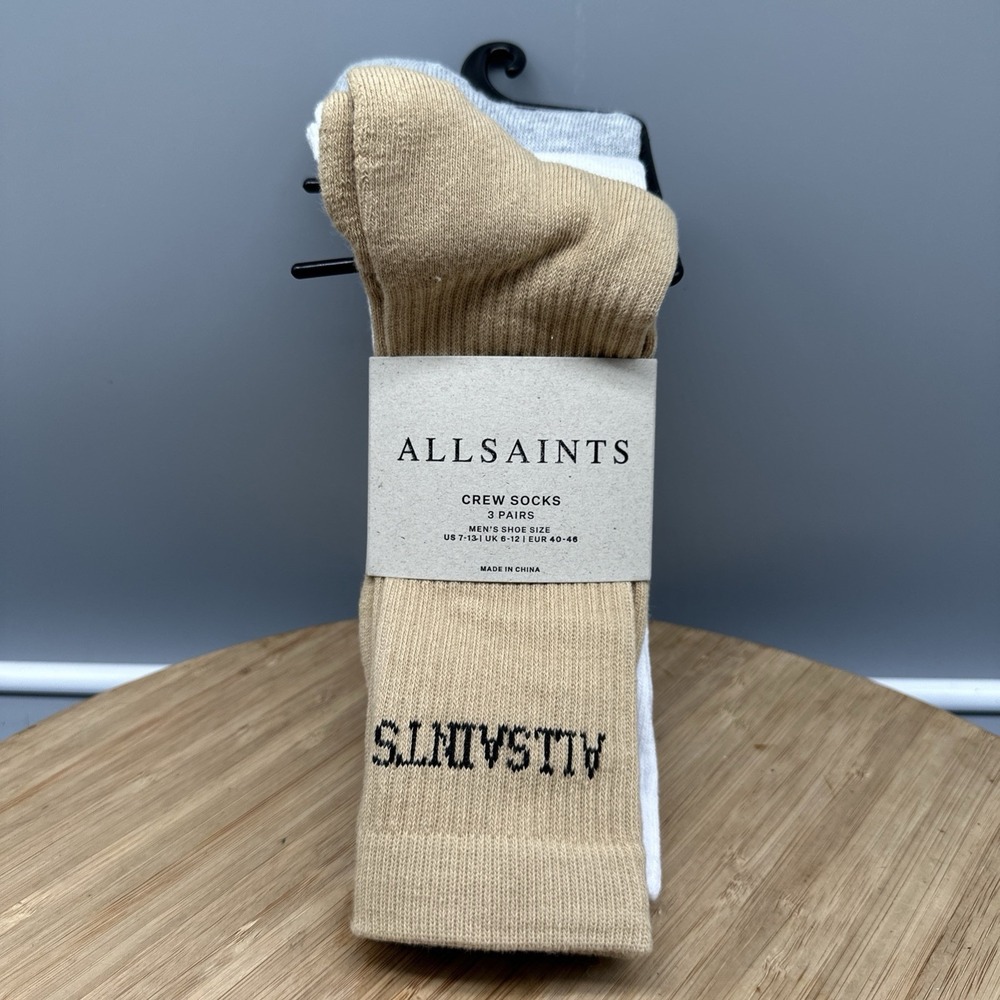 All Saints Logo Crew Socks 3 Pack White,Grey,Tan Men's 7-13 New With Tags